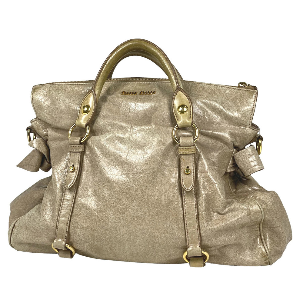 Miu Miu Logo Tote Bag Shoulder Leather Beige